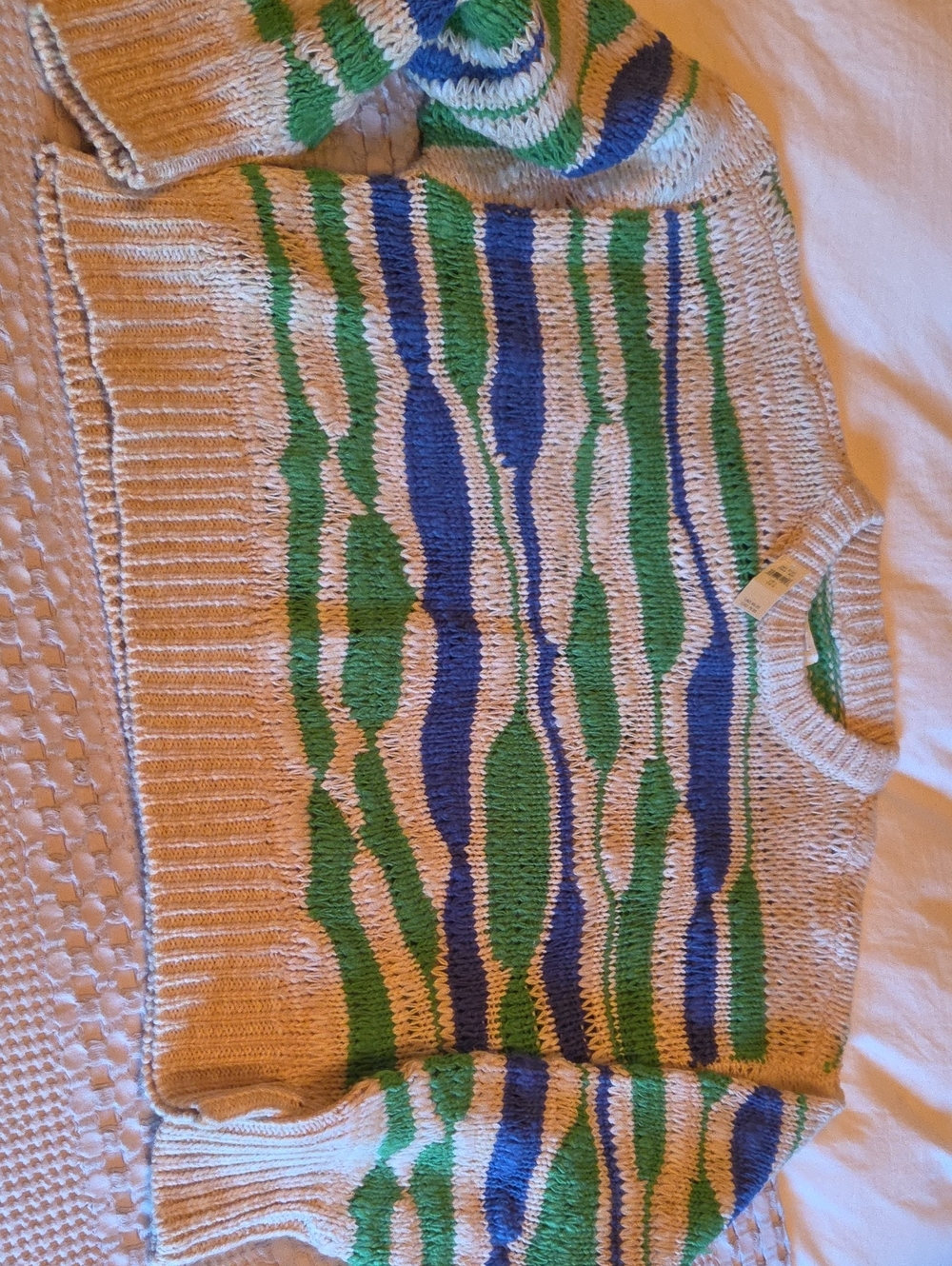 aerie Cream Sweater with Blue and Green Wave Stripes